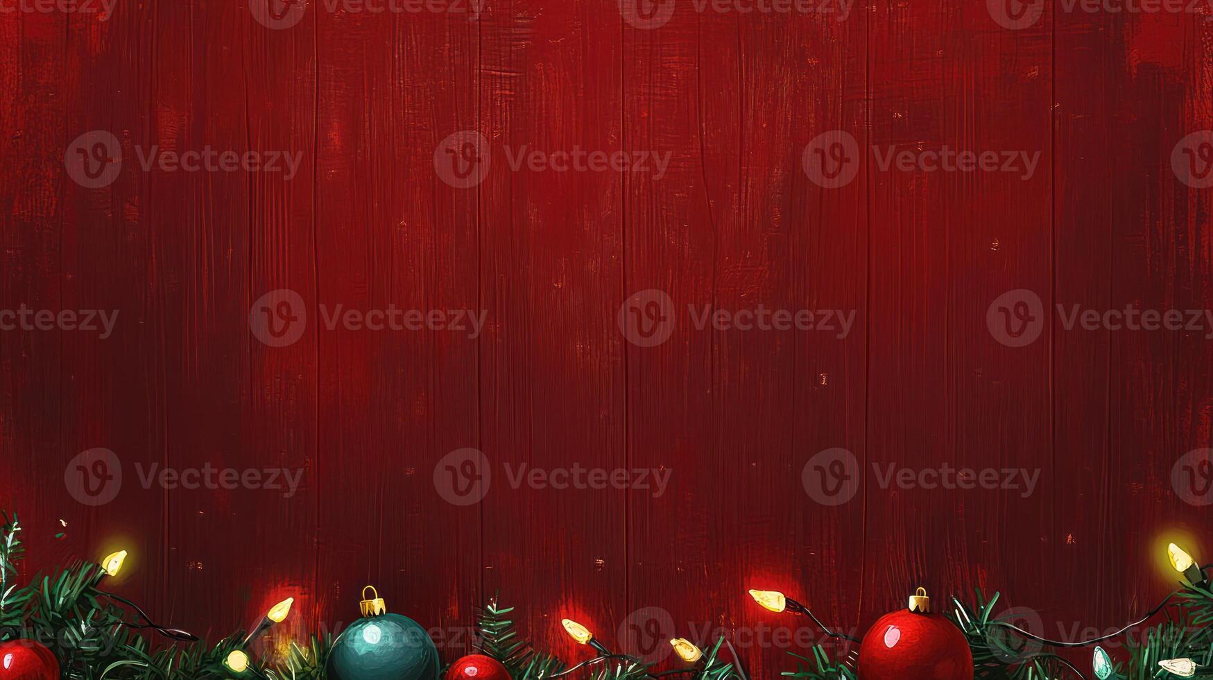 Christmas lights, ornaments, red wooden background, holiday. photo