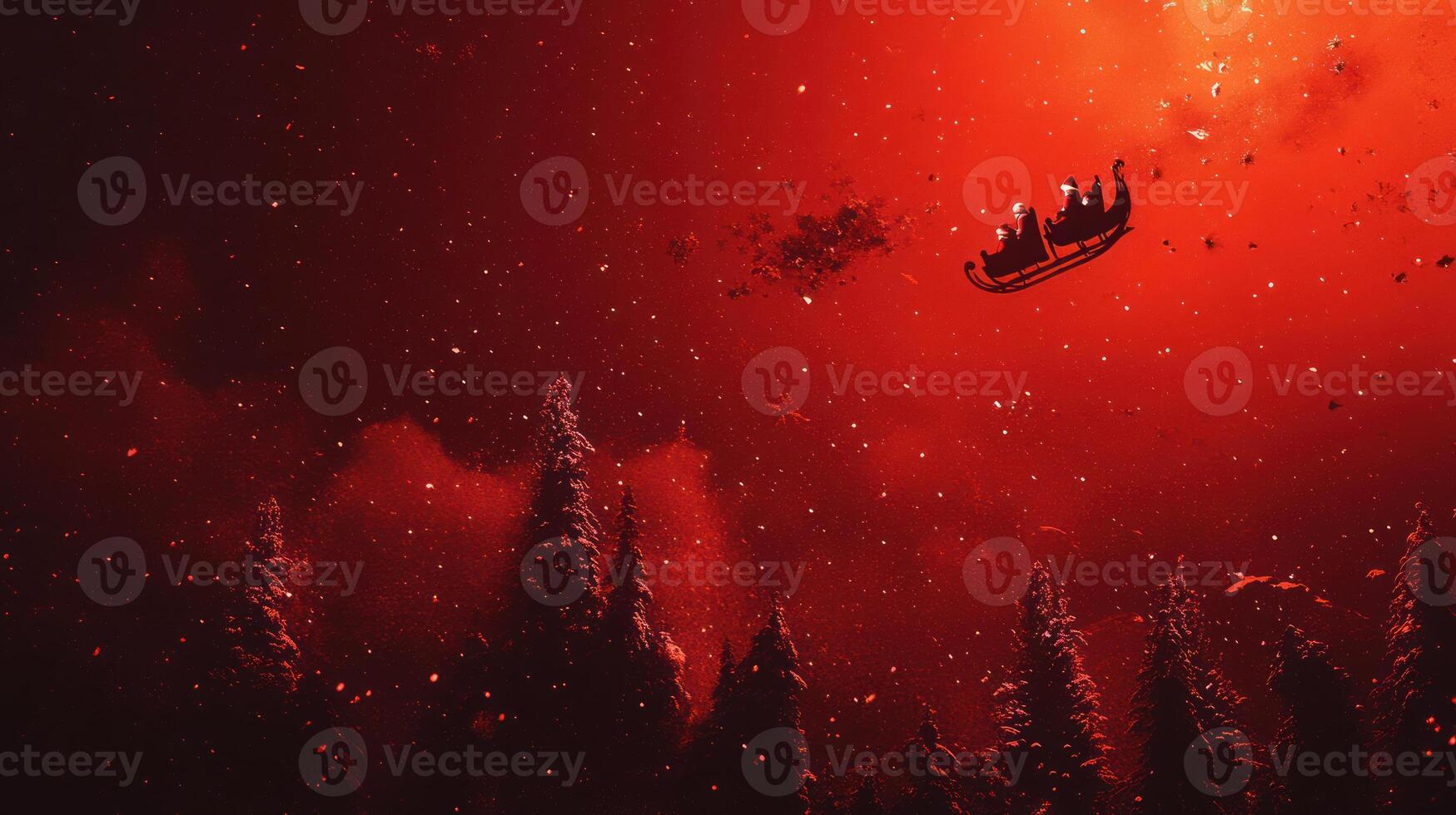 A Magical Christmas Night Sky Featuring Santas Sleigh Flying Through a Snowy Foreground with Red Hues and a Dreamy Winter Atmosphere photo