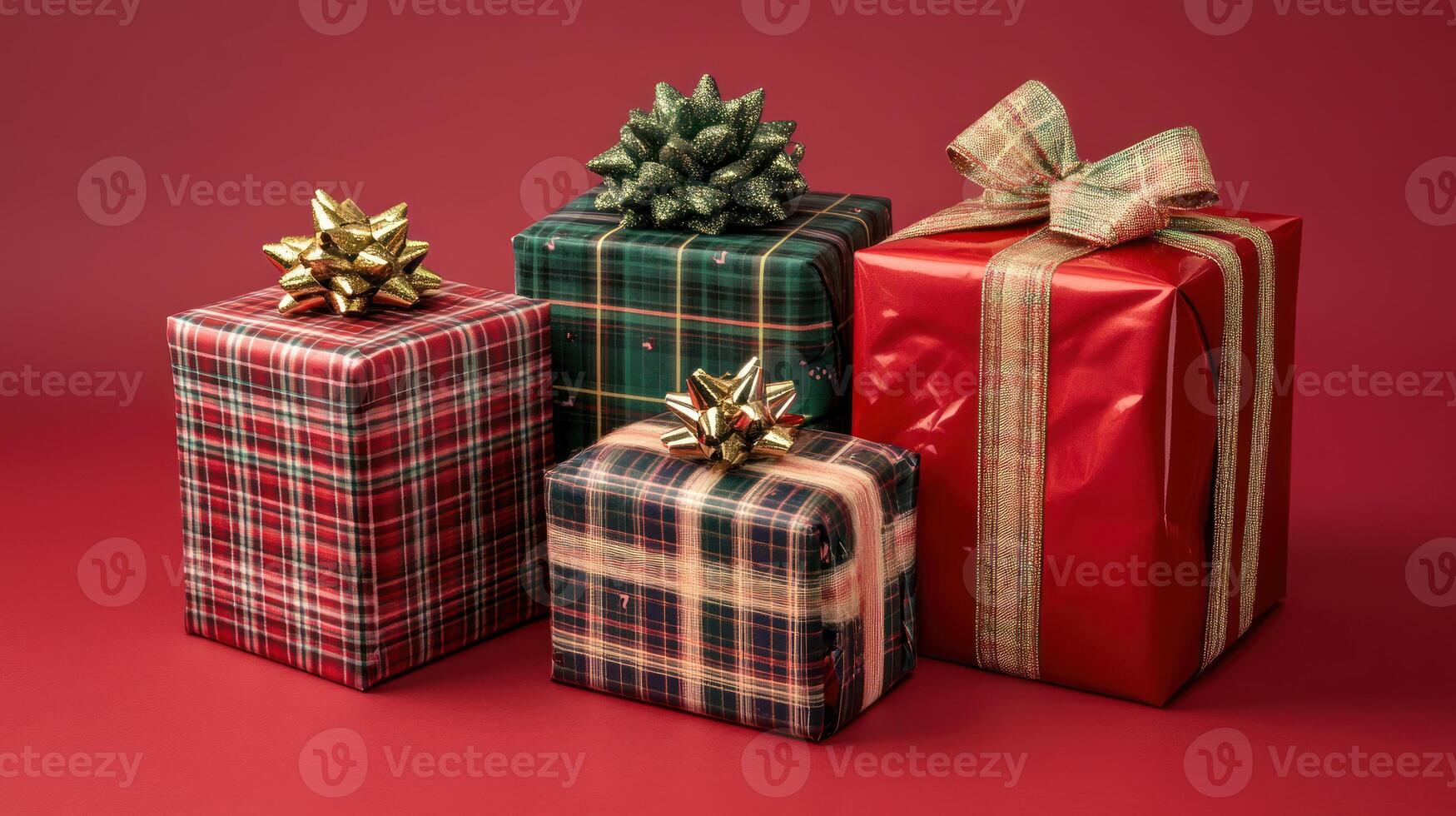 Christmas presents, plaid designs, red background, holiday. photo
