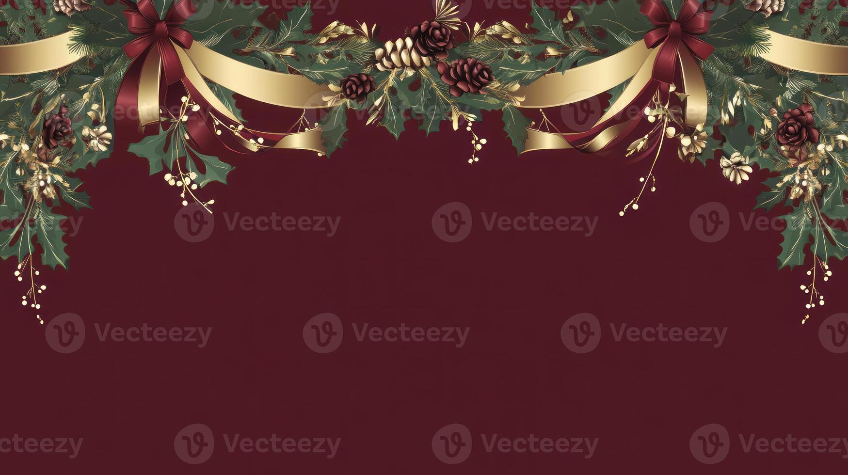 Red background, garland, ribbons, holiday, seasonal text. photo