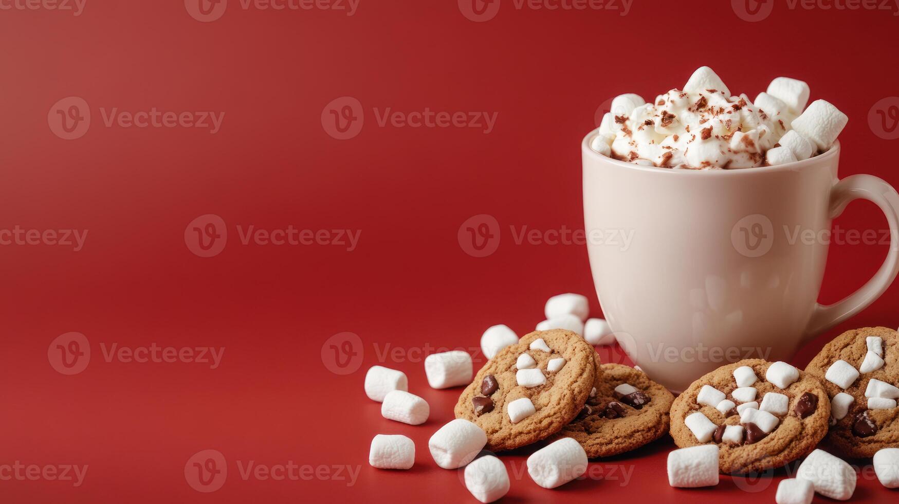 Hot cocoa, marshmallows, cookies, red background, winter. photo