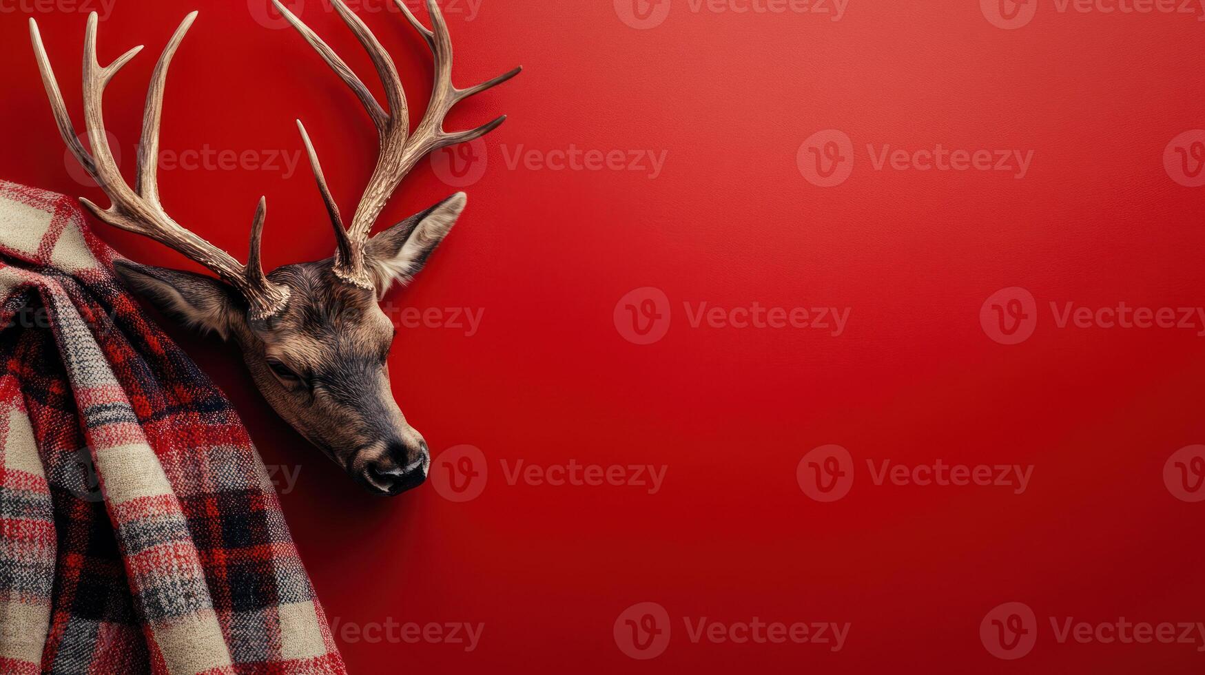 Reindeer head, antlers, plaid blanket, red background, holiday. photo