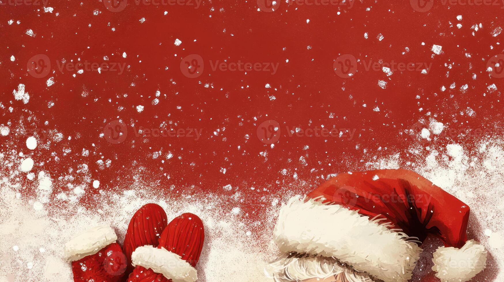 Festive Red Background with Santa's Hat and Mittens Surrounded by Snowflakes Ideal for Holiday Designs and Text Insertion photo
