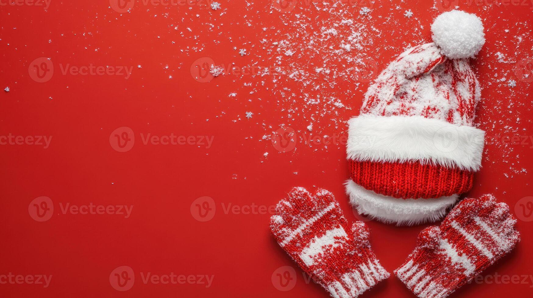 Cozy Winter Accessories Featuring a Red and White Santa Hat and Mittens Surrounded by Snowflakes on a Bright Red Background with Open Space for Text photo