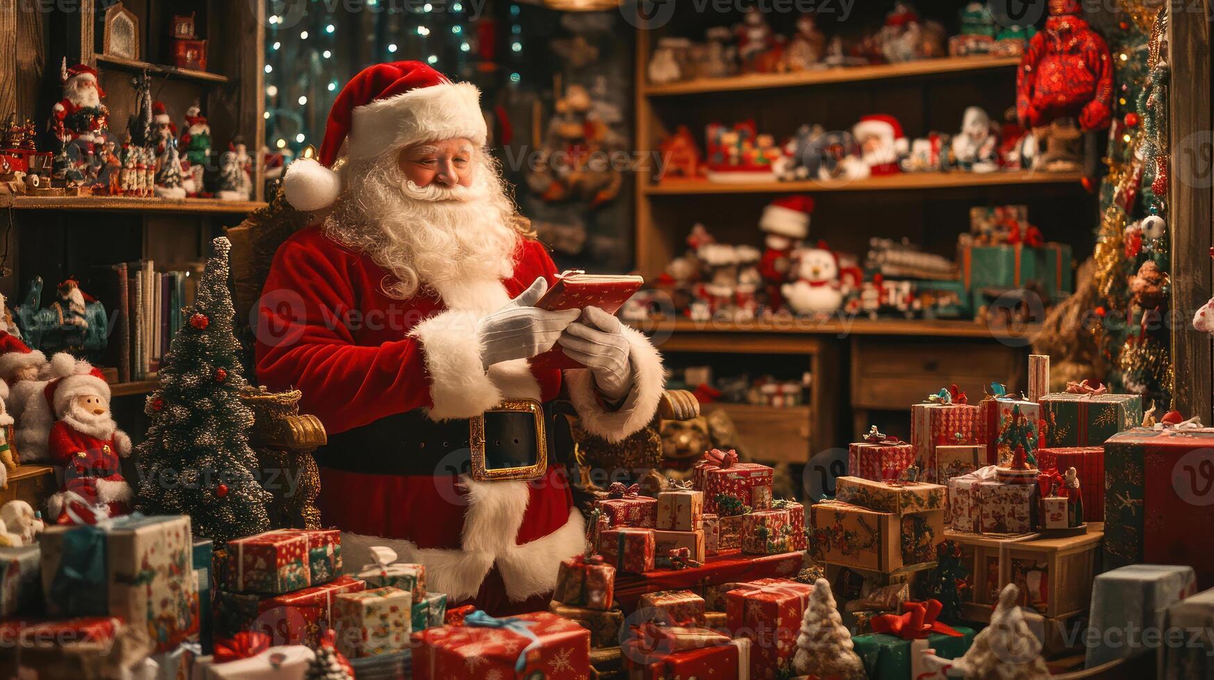 Santa's Workshop Scene Filled with Colorful Toys and Gifts, Perfect for Capturing the Magic of the Holiday Season in a Festive Setting photo