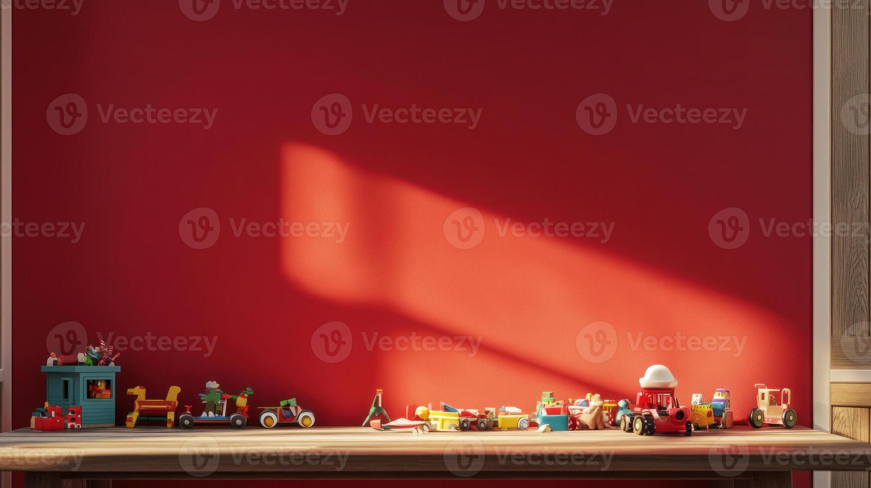 A Colorful Display of Toys on a Workshop Table with a Bright Red Background Perfect for Creating Festive Messages and Holiday Greetings photo