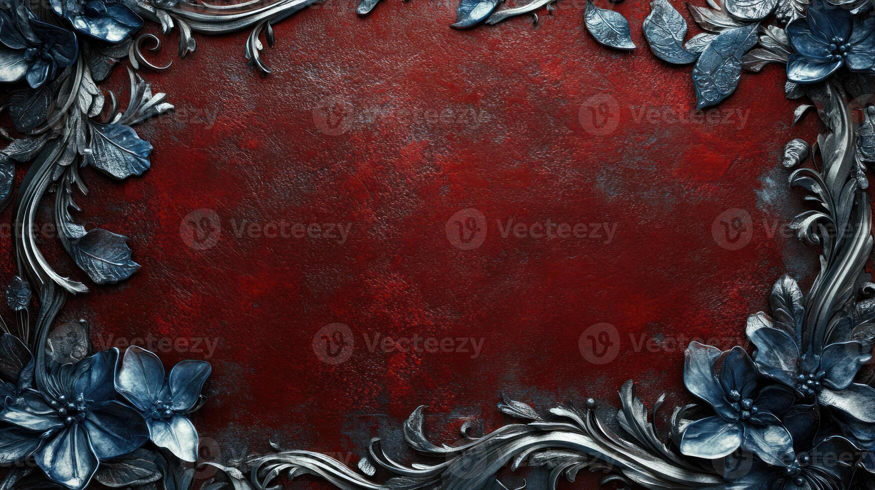 Frosted red glass, silver, blue ornaments, decorative background. photo
