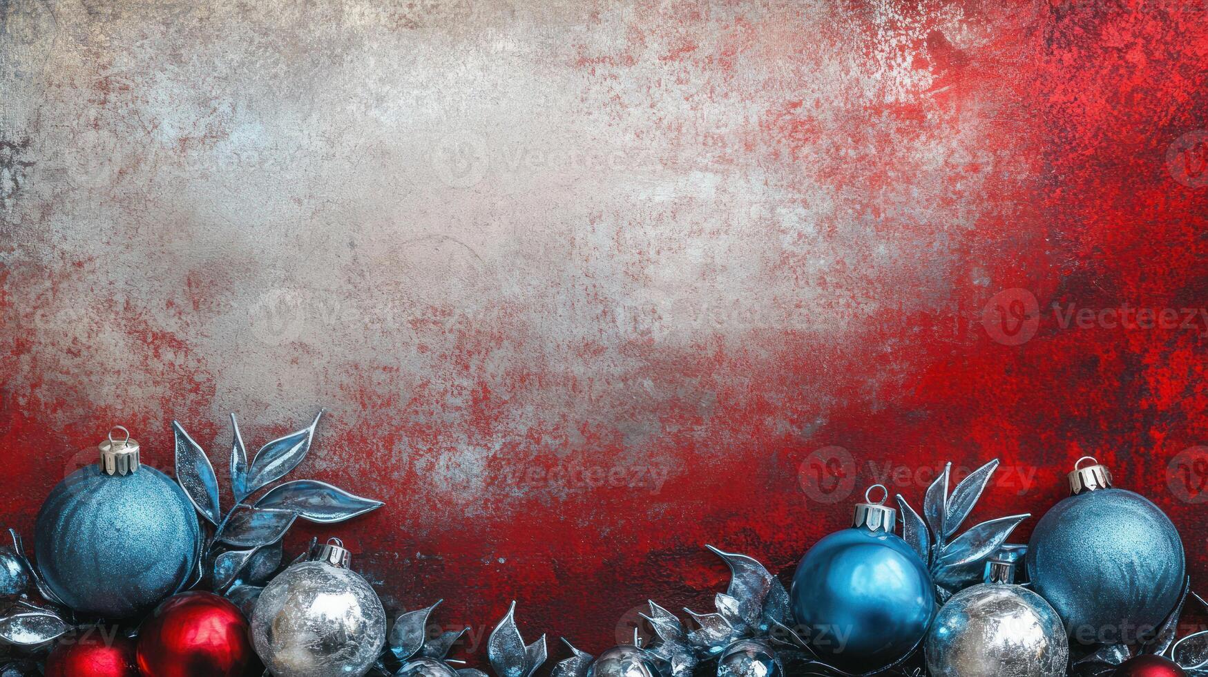 Silver, blue, red ornaments, frosted background, holiday decor. photo