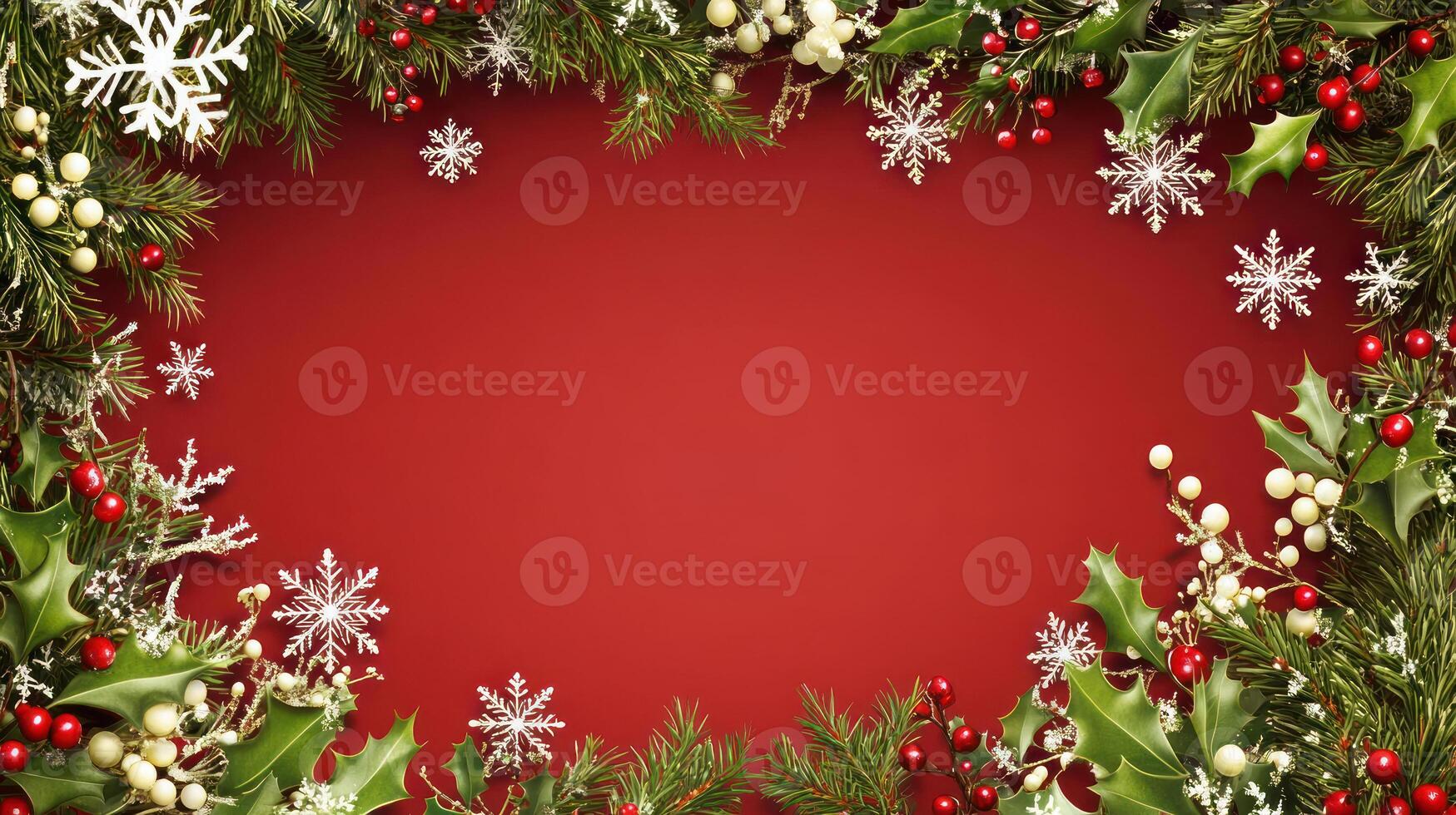 Holiday border, snowflakes, holly, mistletoe, red background, festive. photo