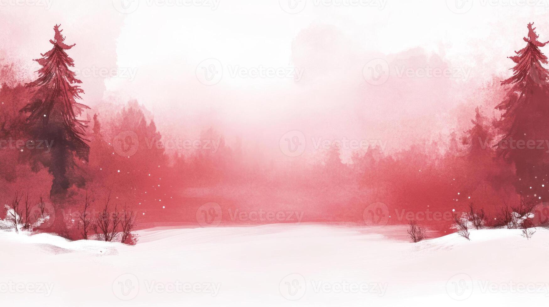 Winter wonderland, red foreground, frosty trees, text overlay. photo