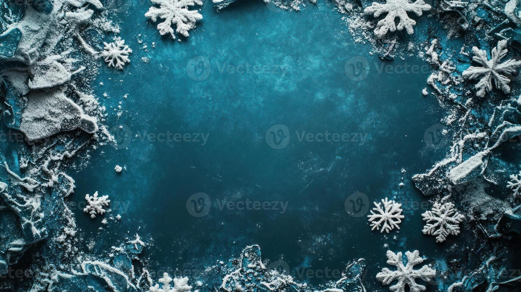 Blue, silver snowflake border, blank white center, text, holiday. photo
