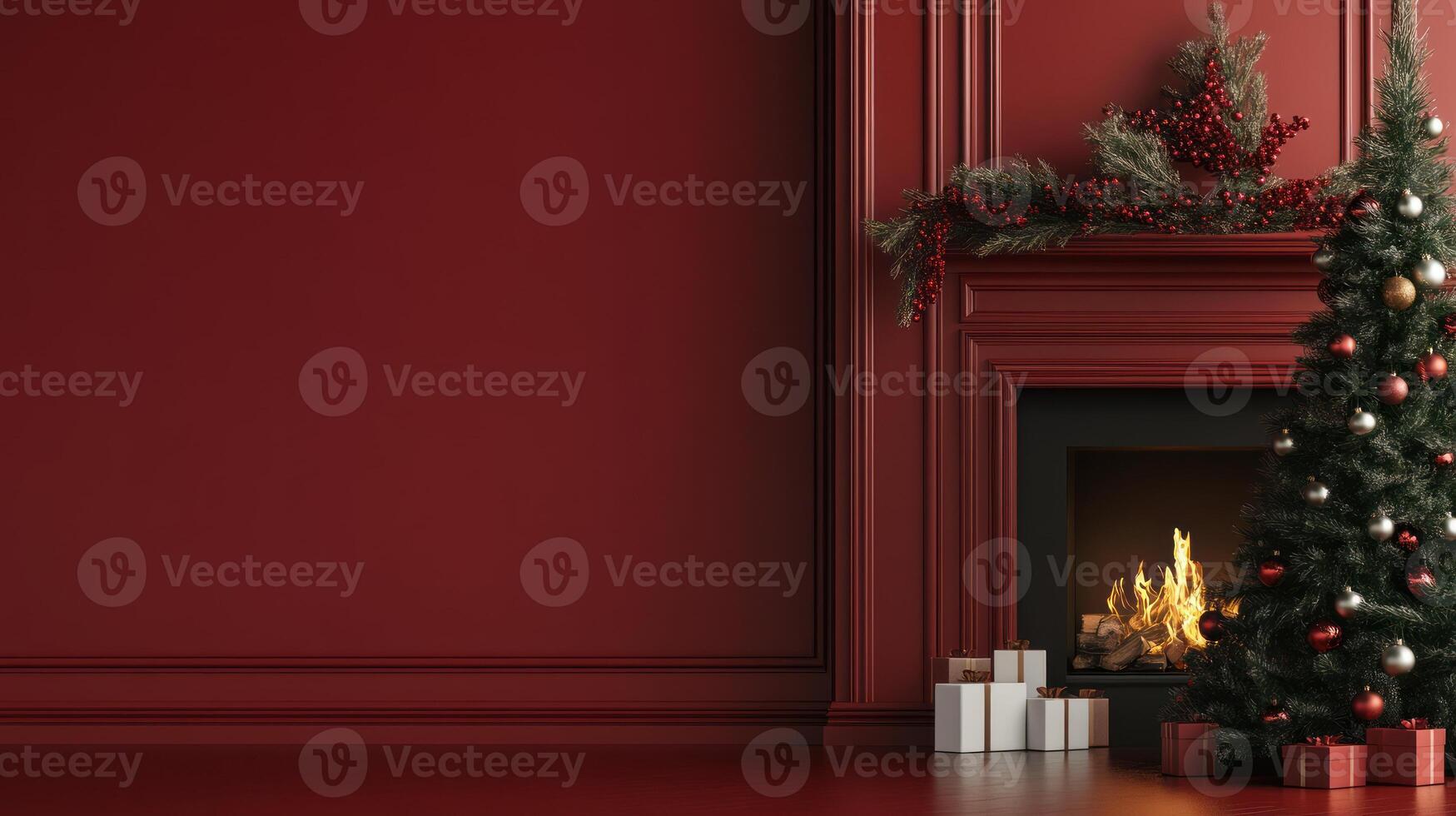 Christmas scene, fireplace, tree, red background, holiday. photo