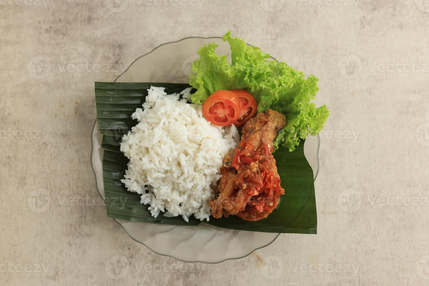 Top View Nasi Ayam Penyet or Penyetan Ayam photo