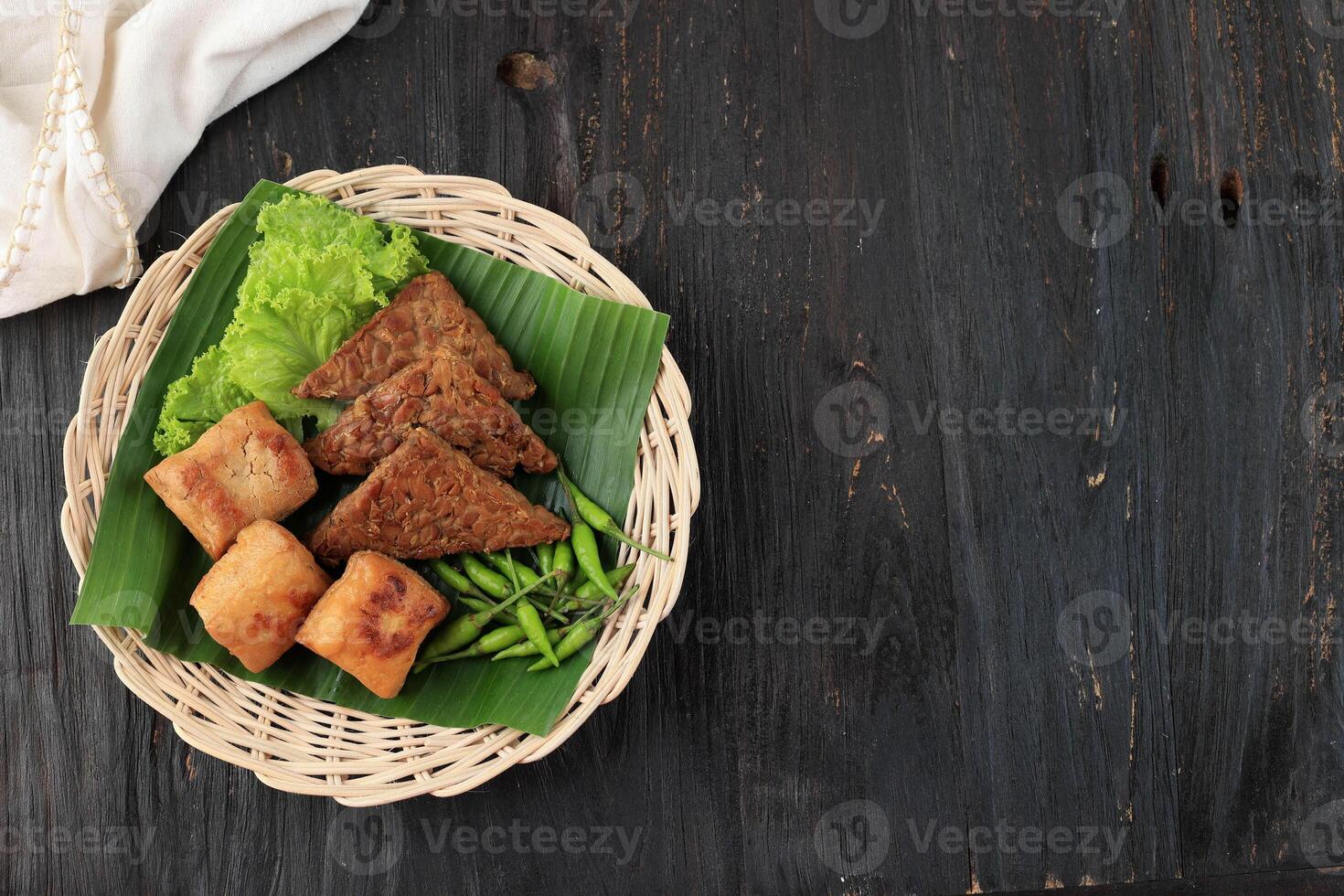 Top View Tahu Tempe Bacem. Tofu and Tempeh with Sweet Spices. photo