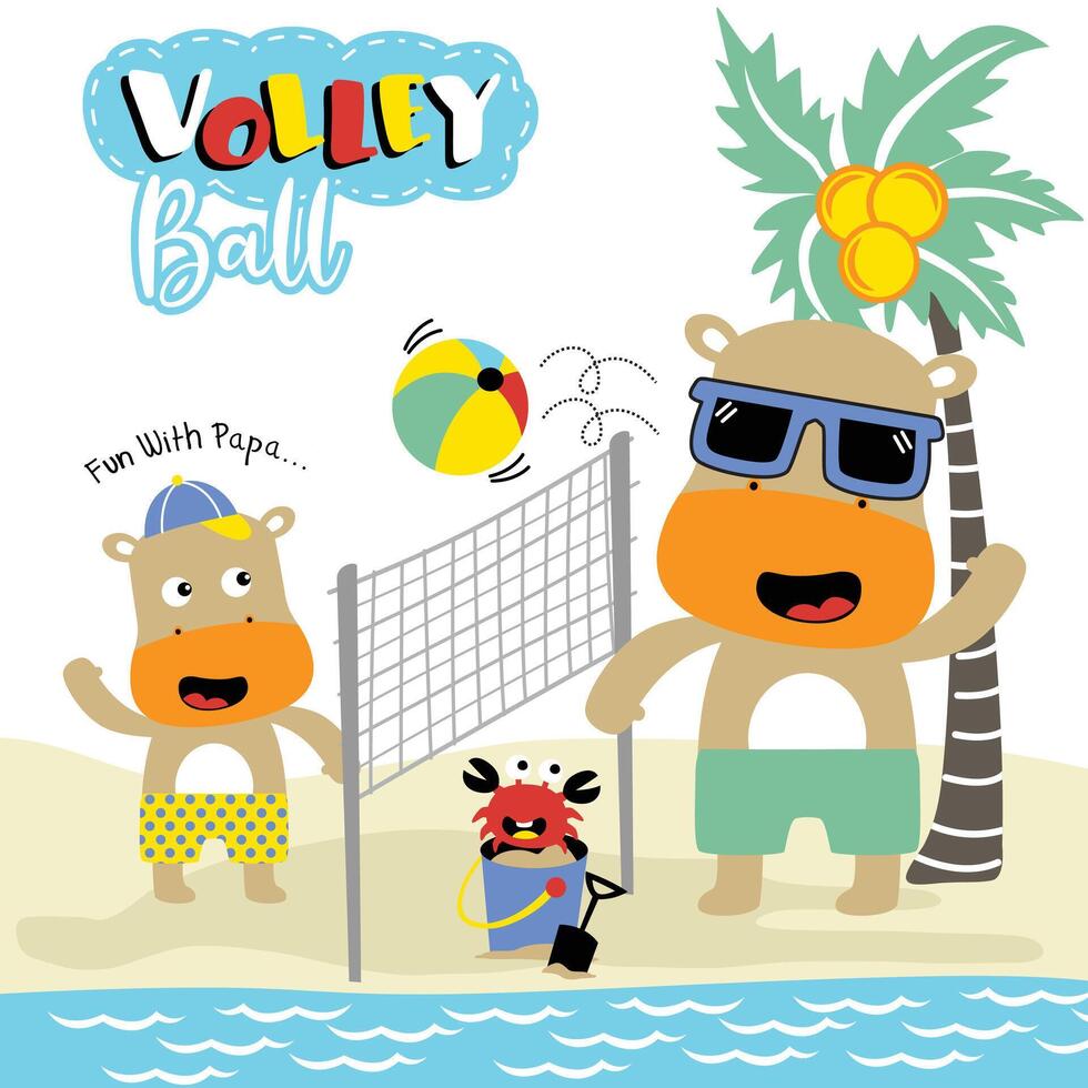 Cute Cartoon Hippos Playing Beach Volleyball with Fun Summer Vibes vector