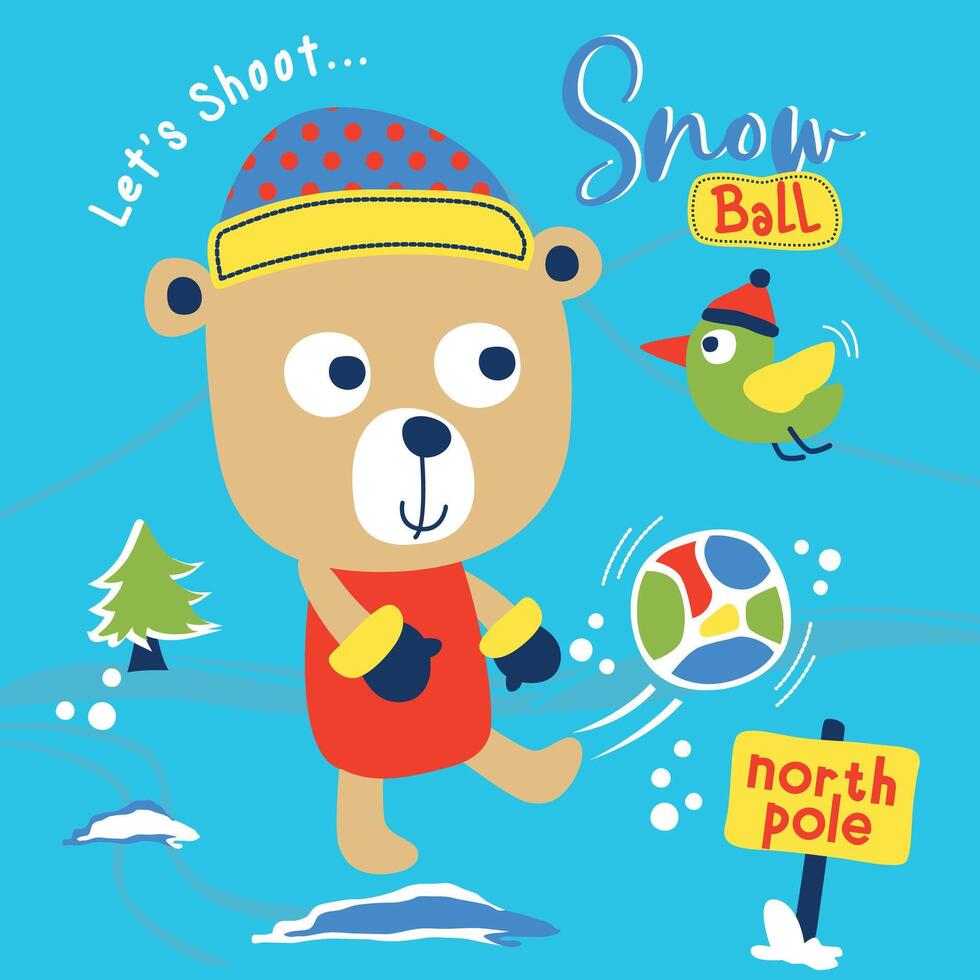 Cute Cartoon Bear Playing with a Snowball at the North Pole Illustration for Kids vector