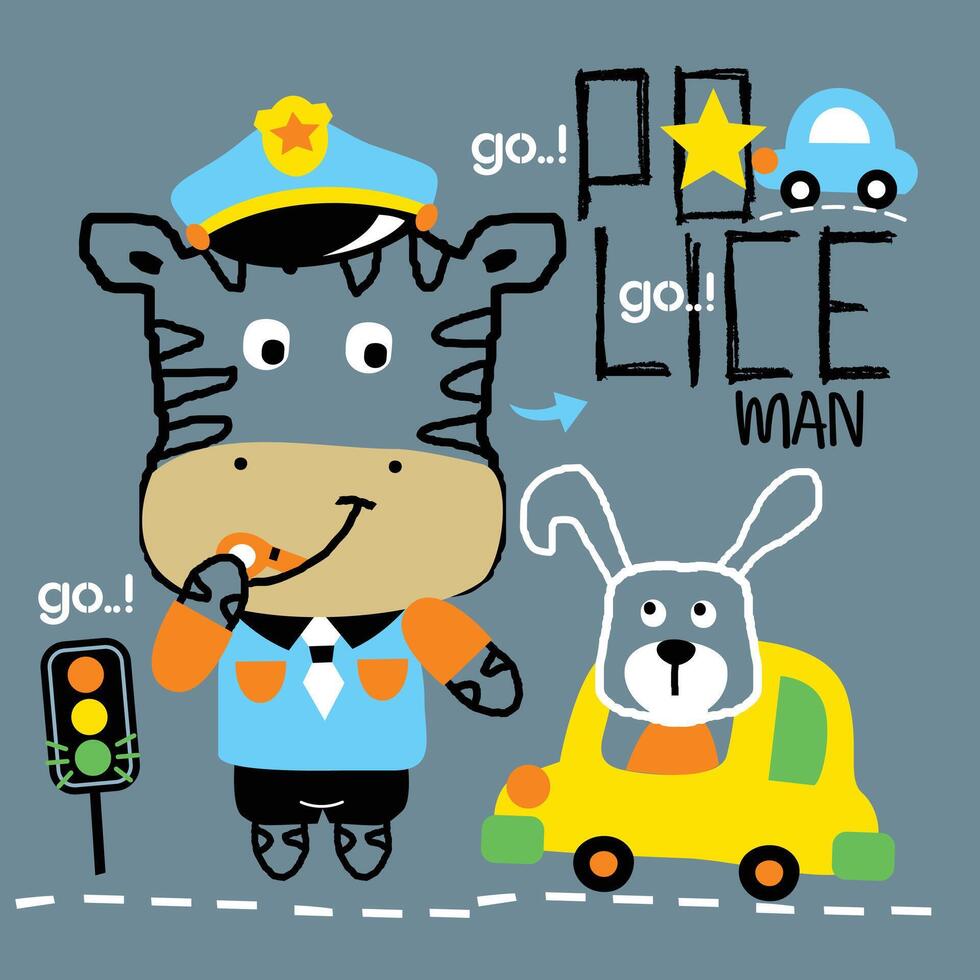 Funny Zebra Policeman and Rabbit Driver Cartoon Illustration for Kids vector