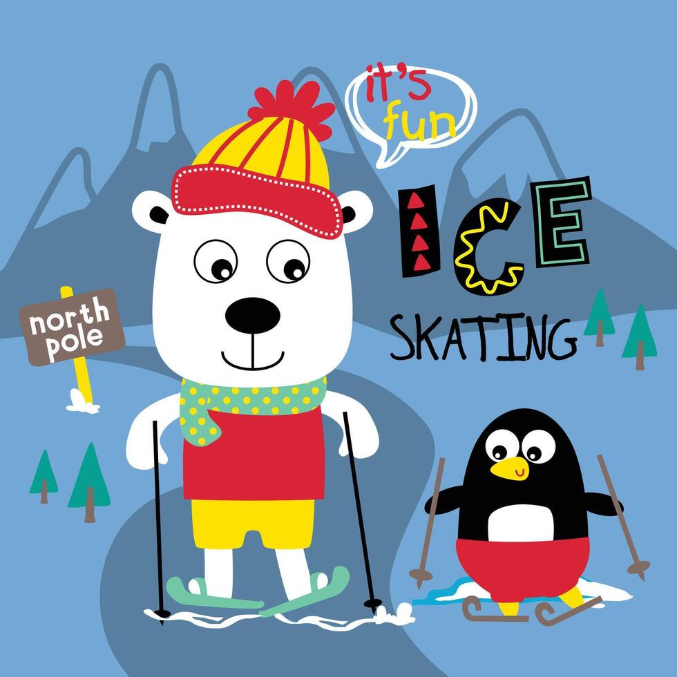 Fun Ice Skating Illustration with Polar Bear and Penguin for Kids vector