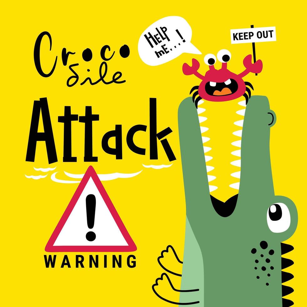 Funny Crocodile and Crab Attack Cartoon Illustration for Kids vector