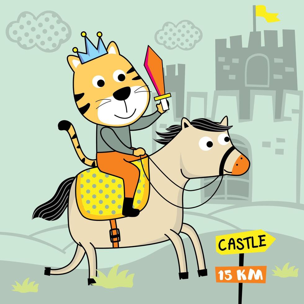 Cute Cartoon Tiger Knight Riding a Horse on the Way to the Castle vector