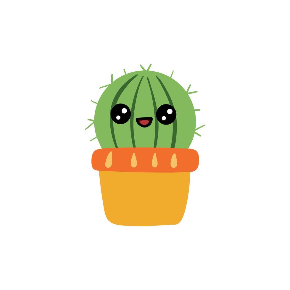 Cute cactus with big eyes and smile. Happy cartoon cacti plant in yellow pot with pattern. Cheerful succulent with needles. Prickly houseplant with funny face and emotion. vector