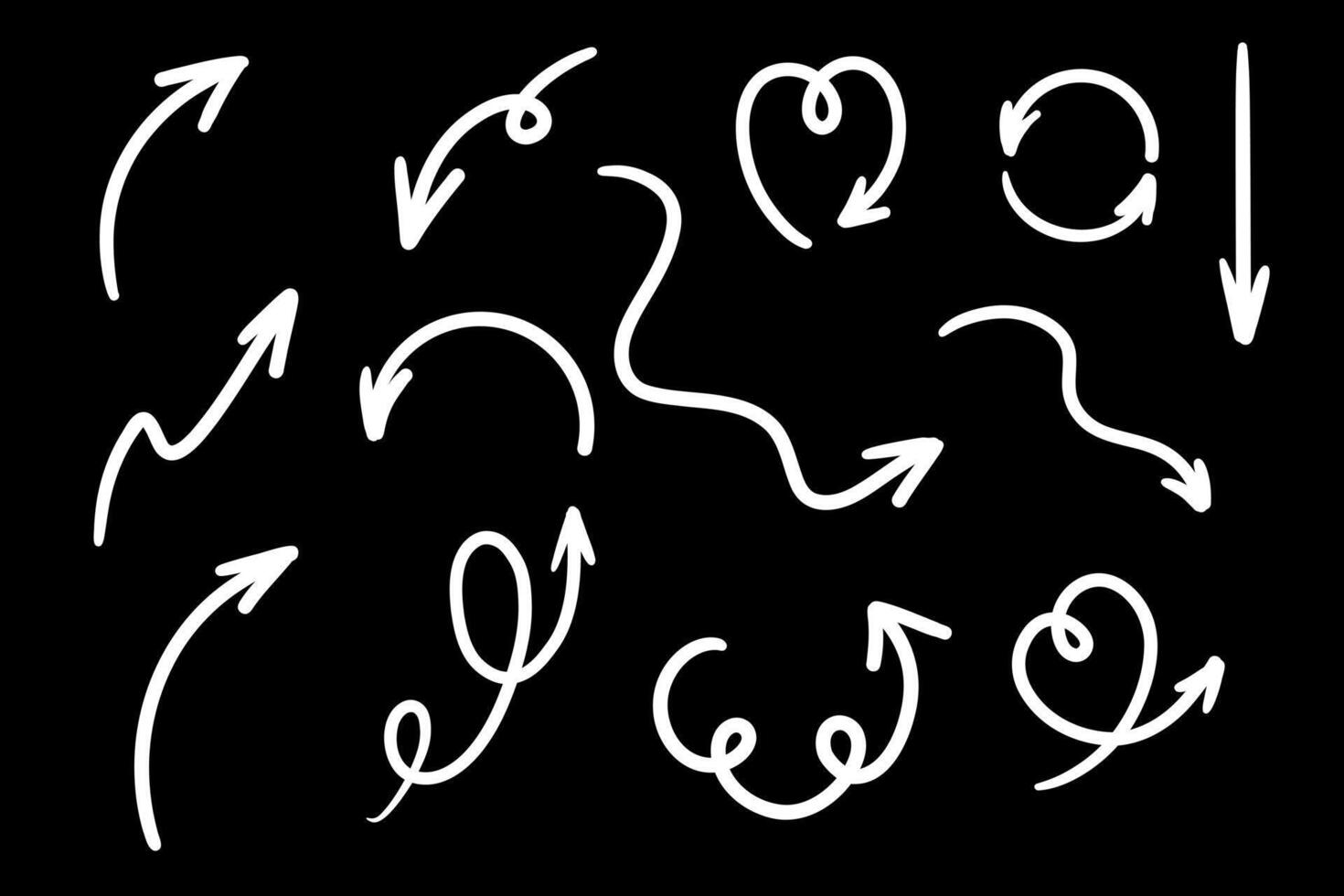 Hand drawn white Arrows icon Set on black background. Doodle arrow icons with various directions. Direction pointers illustration vector