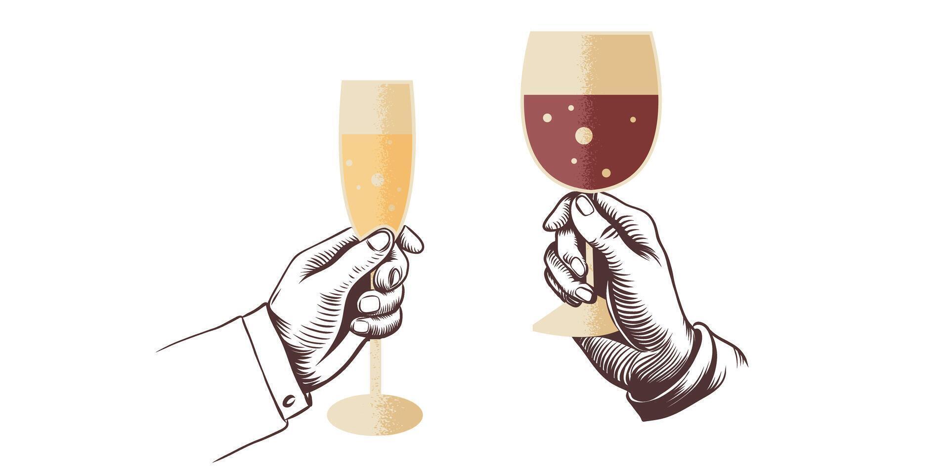 Hands holding glasses with red wine and white wine or champagne. Hand drawn illustration isolated on transparent background. Celebration concept for wine tasting, happy hour in restaurant. vector