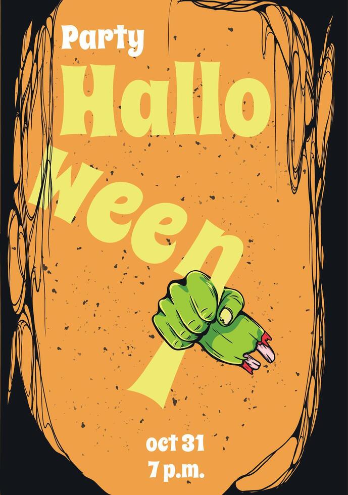 Halloween background for Halloween horror night party invitation card with Zombie hand holding Halloween text on cobweb background. illustration for treat or trick event vector
