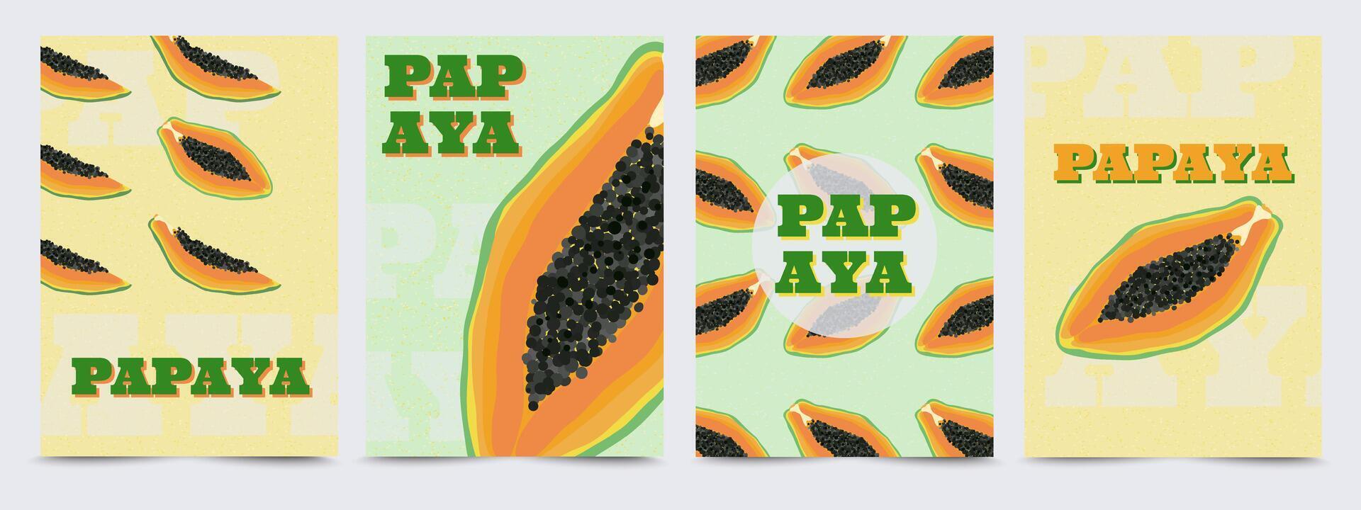 Creative concept of bright cards set with stylized papaya illustration, whole and half. Modern design templates for ads, branding, label. Tropical exotic fruit. Collection of fruit templates, posters vector