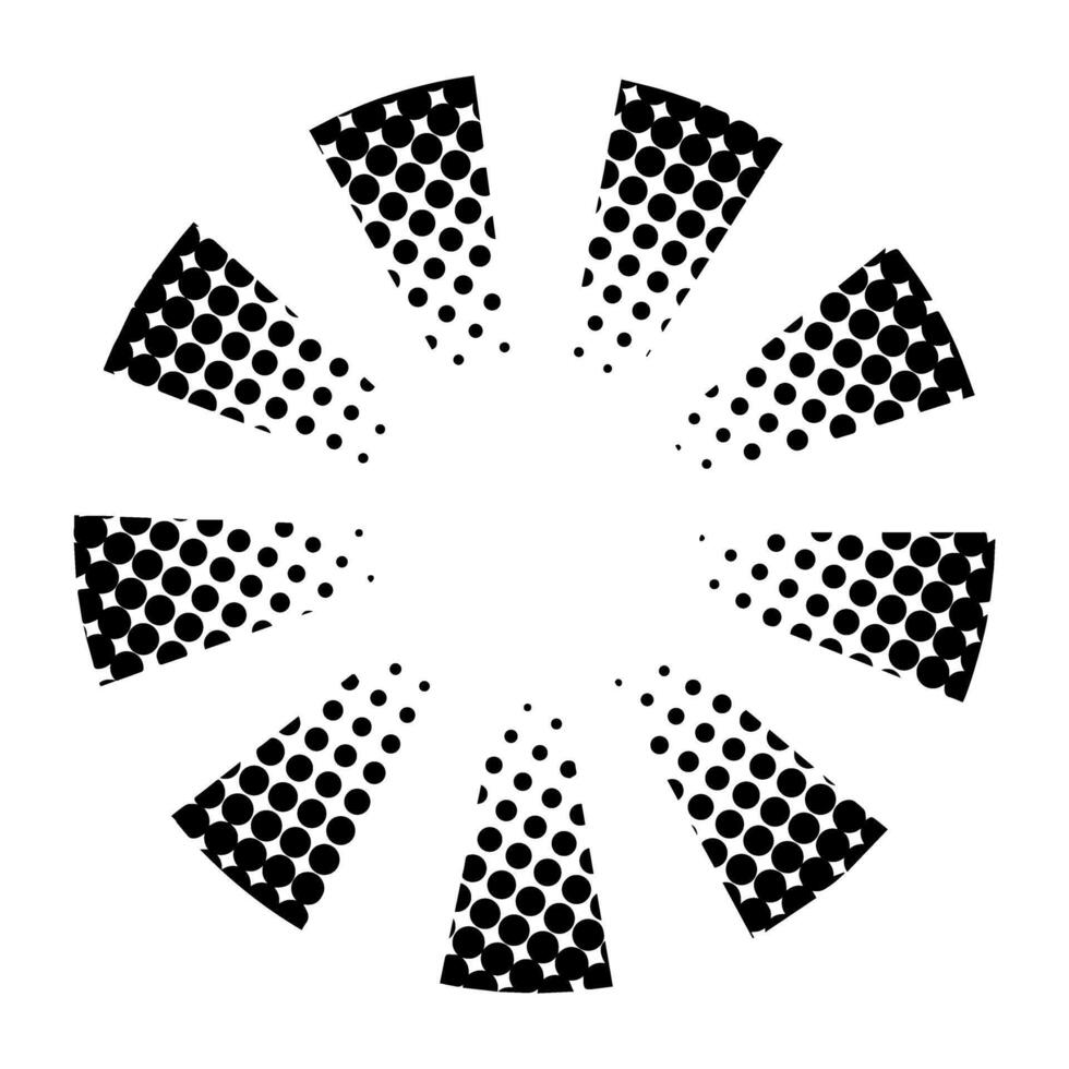 Sunburst Halftone effect. Grunge textured radial halftone dots in Circle rays. Starburst round shape. Abstract black and white halftone circle pattern with radial symmetry on a transparent background vector