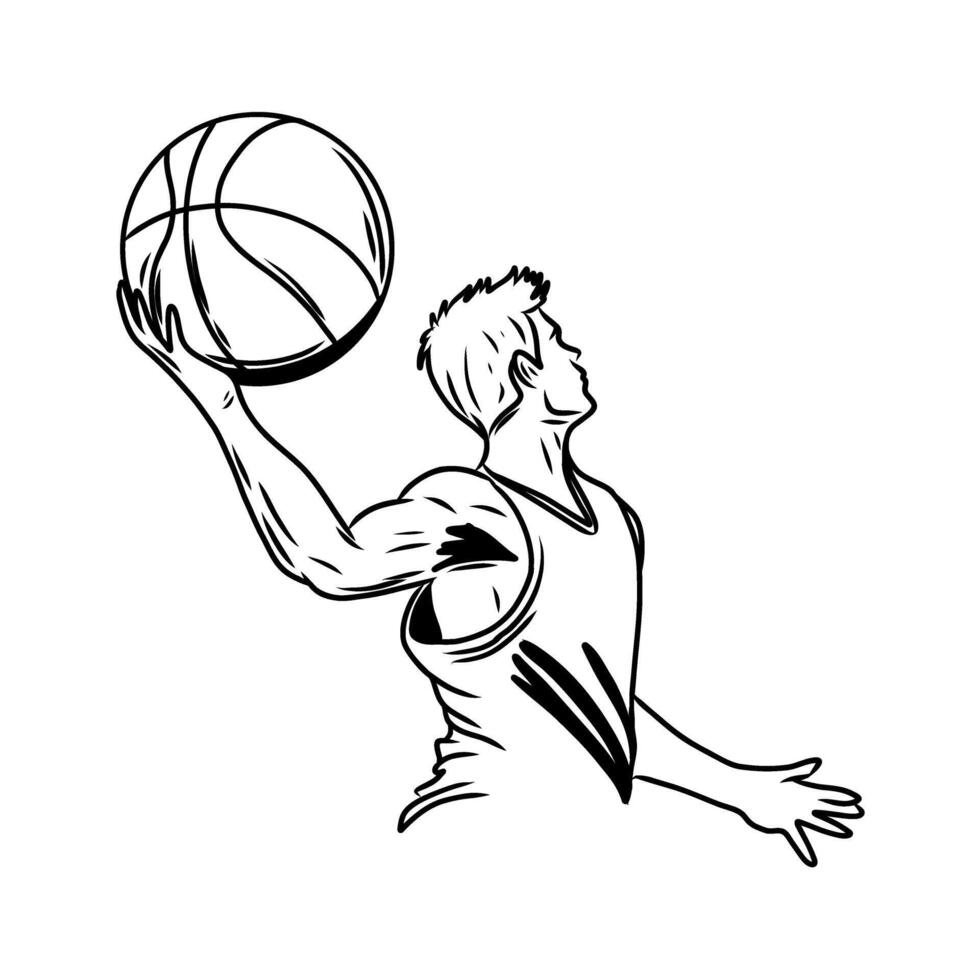 Basketball player jumping for a dunk isolated in transparent background. Hand drawn Basketball player male figure in black and white sketch style. illustration for sport game design, poster vector