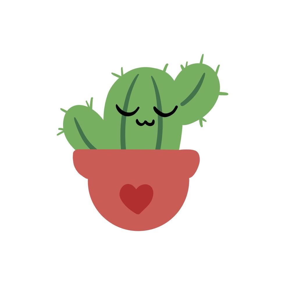 Cartoon cheerful cactus with closed eyes. Cute prickly succulent in pot with heart. Funny cacti plant with happy face. potted houseplant with needles. character clipart. vector