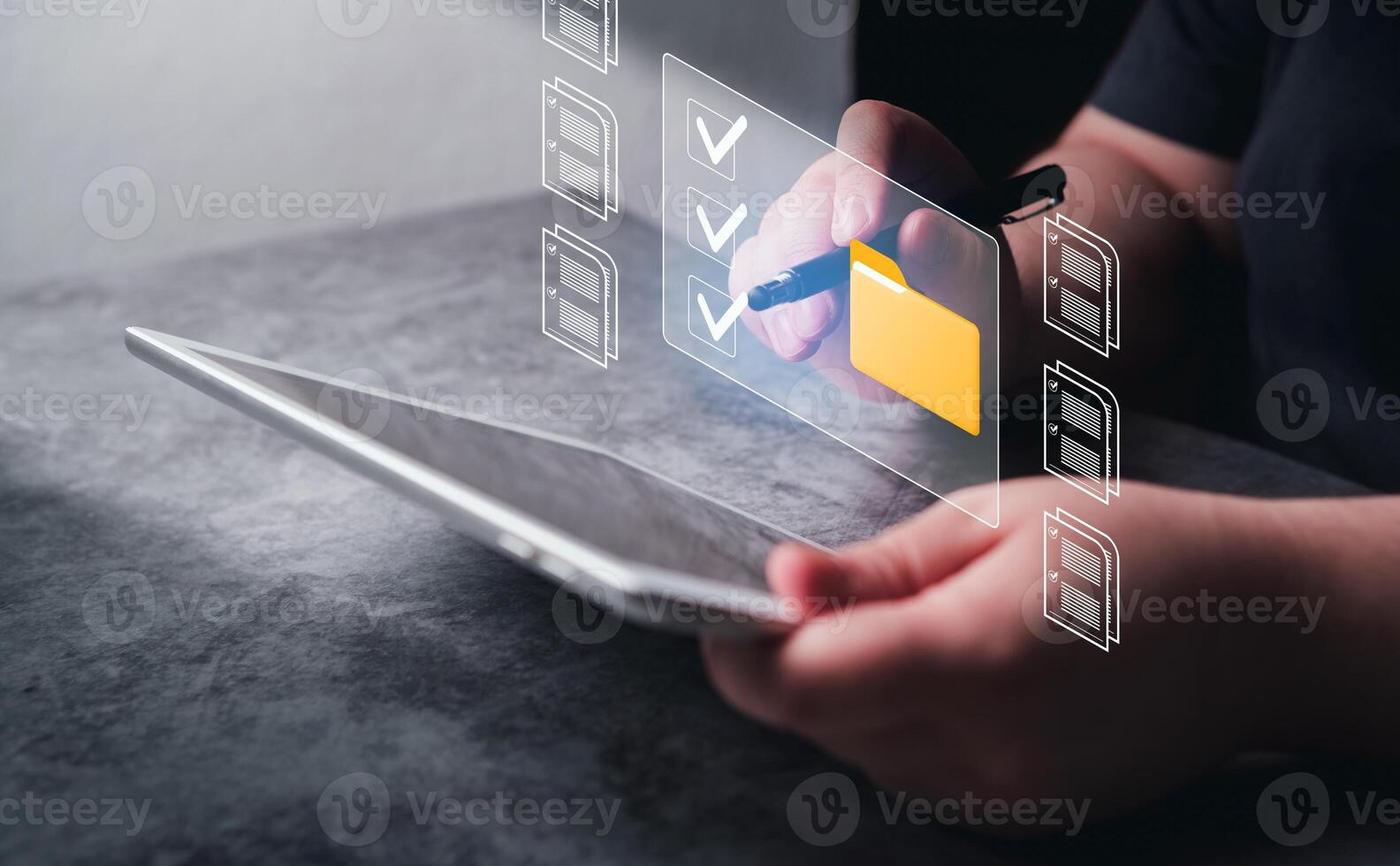Uploading documents from folder. Open File folder with flying documents with digital tablet. Data transfer backup. File Sharing and document transferring concept. photo