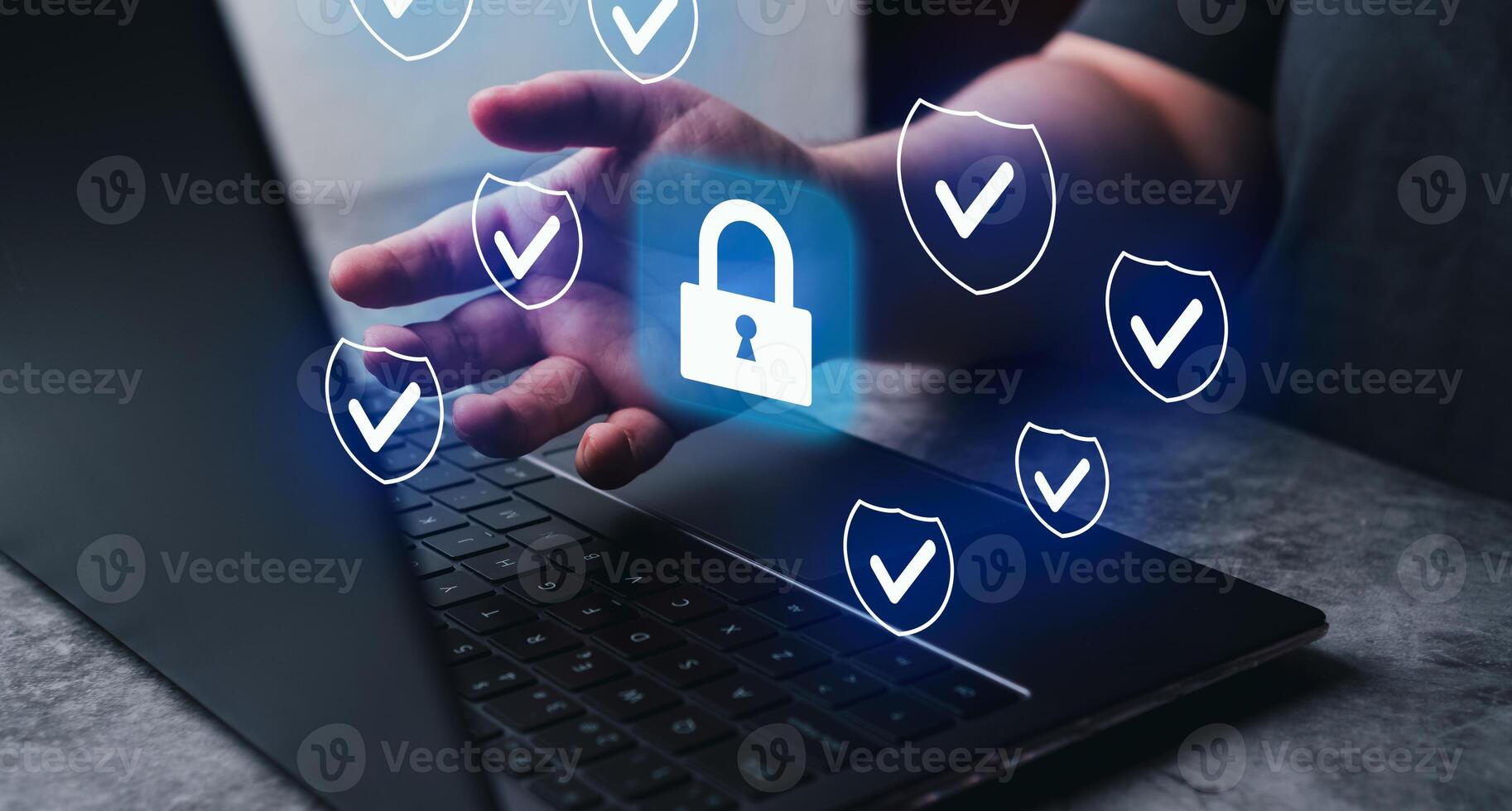 Woman using laptop access personal data security and banking and network security. Secure encryption. Cybersecurity concept. photo