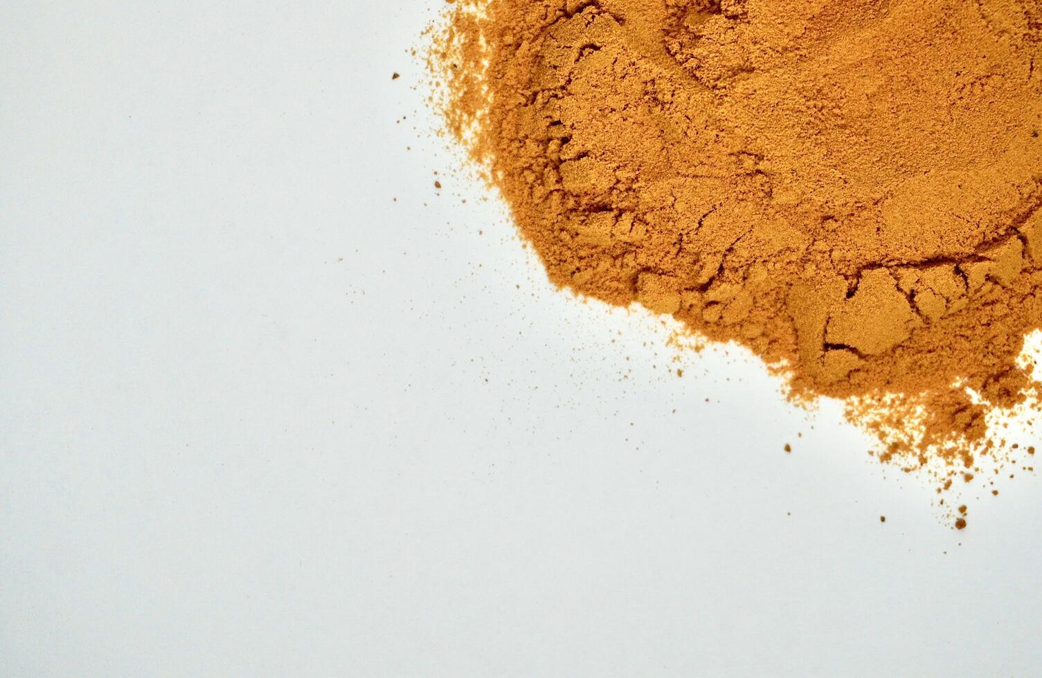 Pile of turmeric powder isolated on horizontal white background with empty copy space for text. photo