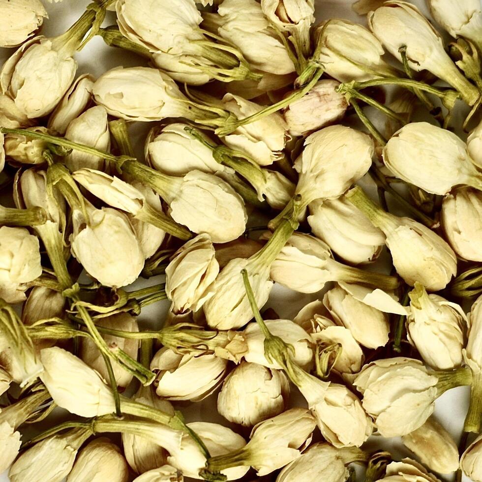Dried jasmine flower buds for aromatheraphy and tea ingredients textures isolated on square full frame background. photo