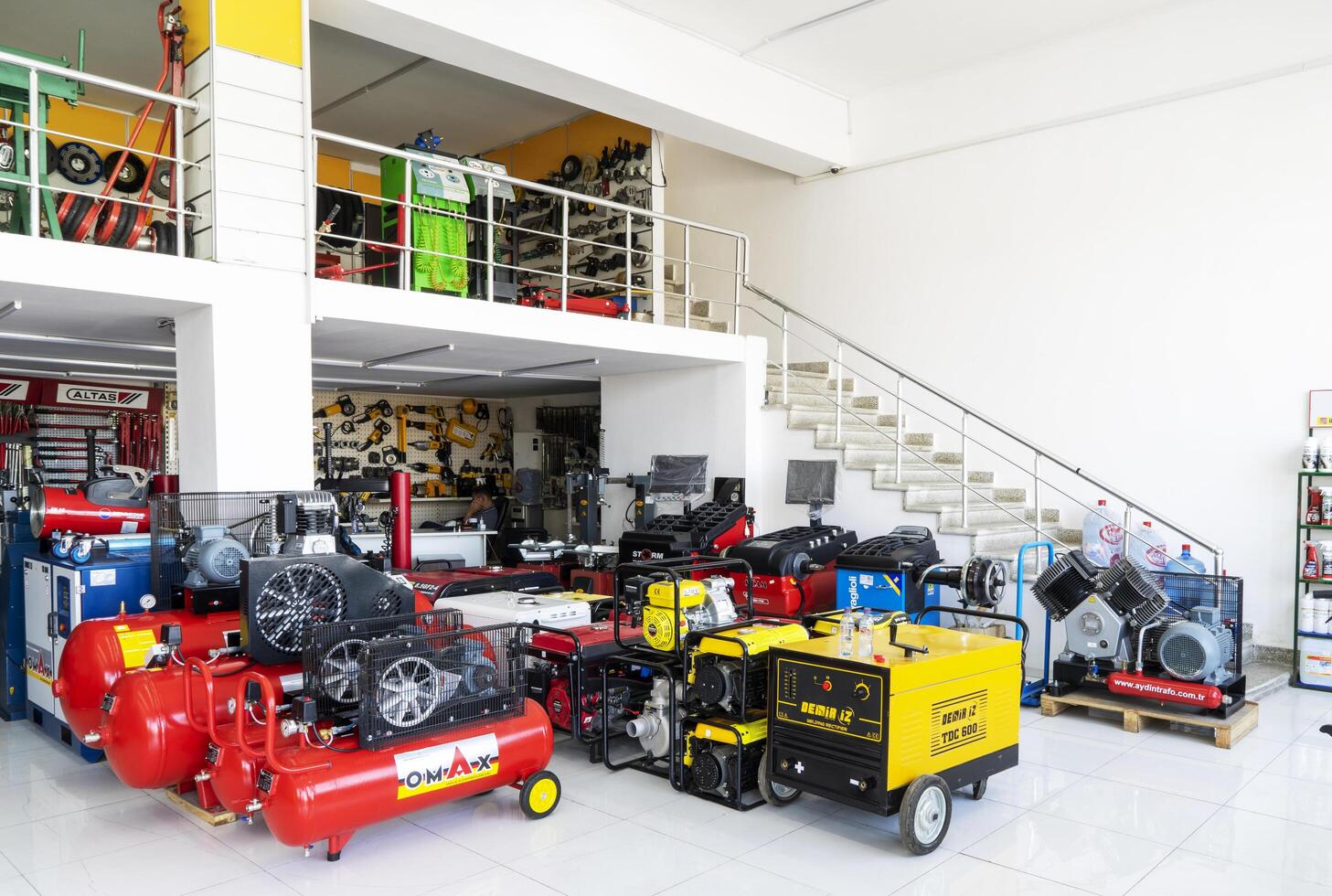BAKU, AZERBAIJAN - May 20, 2022. Electrical equipment, high-pressure devices for washing cars by Omax are on sale in the store photo