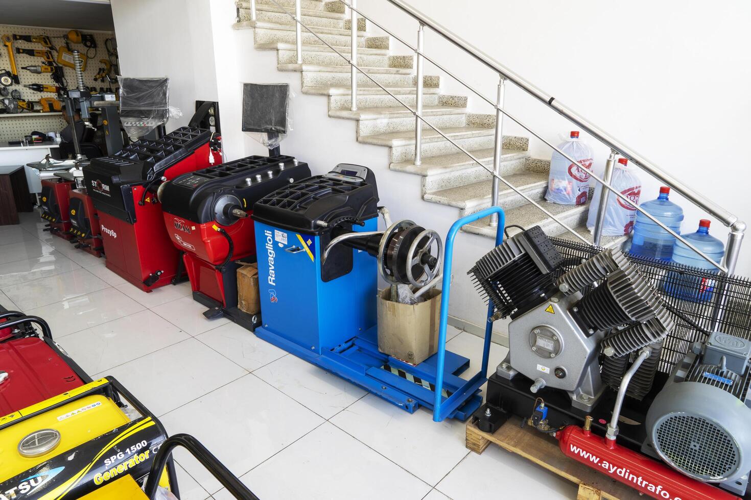 BAKU, AZERBAIJAN - May 20, 2022. Electrical equipment, high-pressure devices for washing cars by Omax are on sale in the store photo