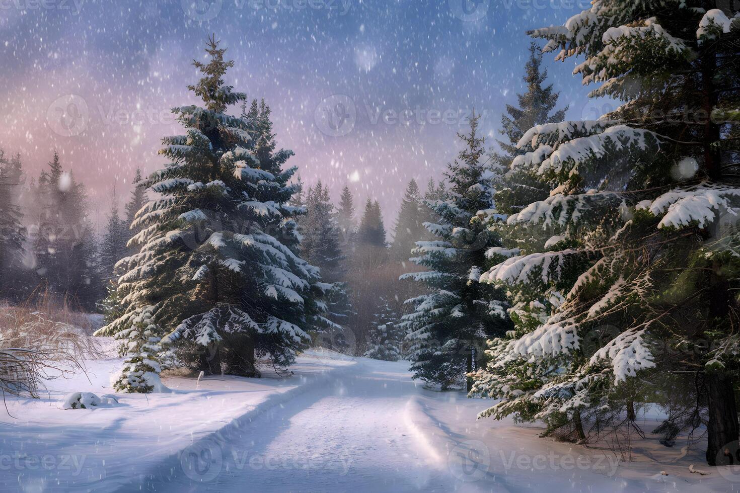 Winter path lined with snowy trees, falling flakes create dreamy ambiance photo