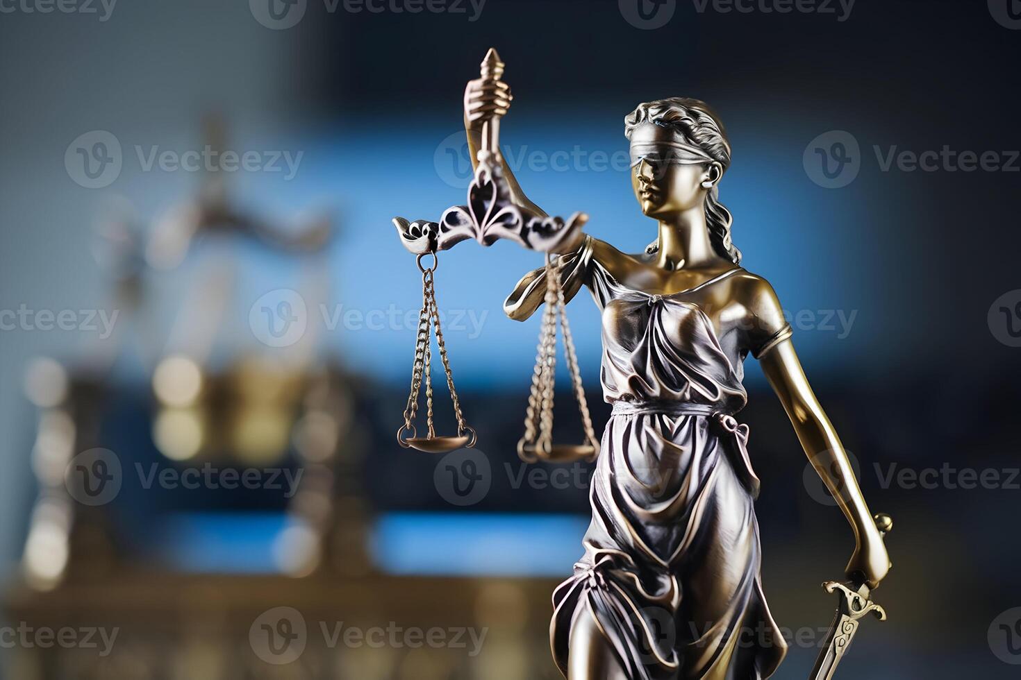 Lady Justice statue with scales, blindfold, and sword, symbolizing fairness photo