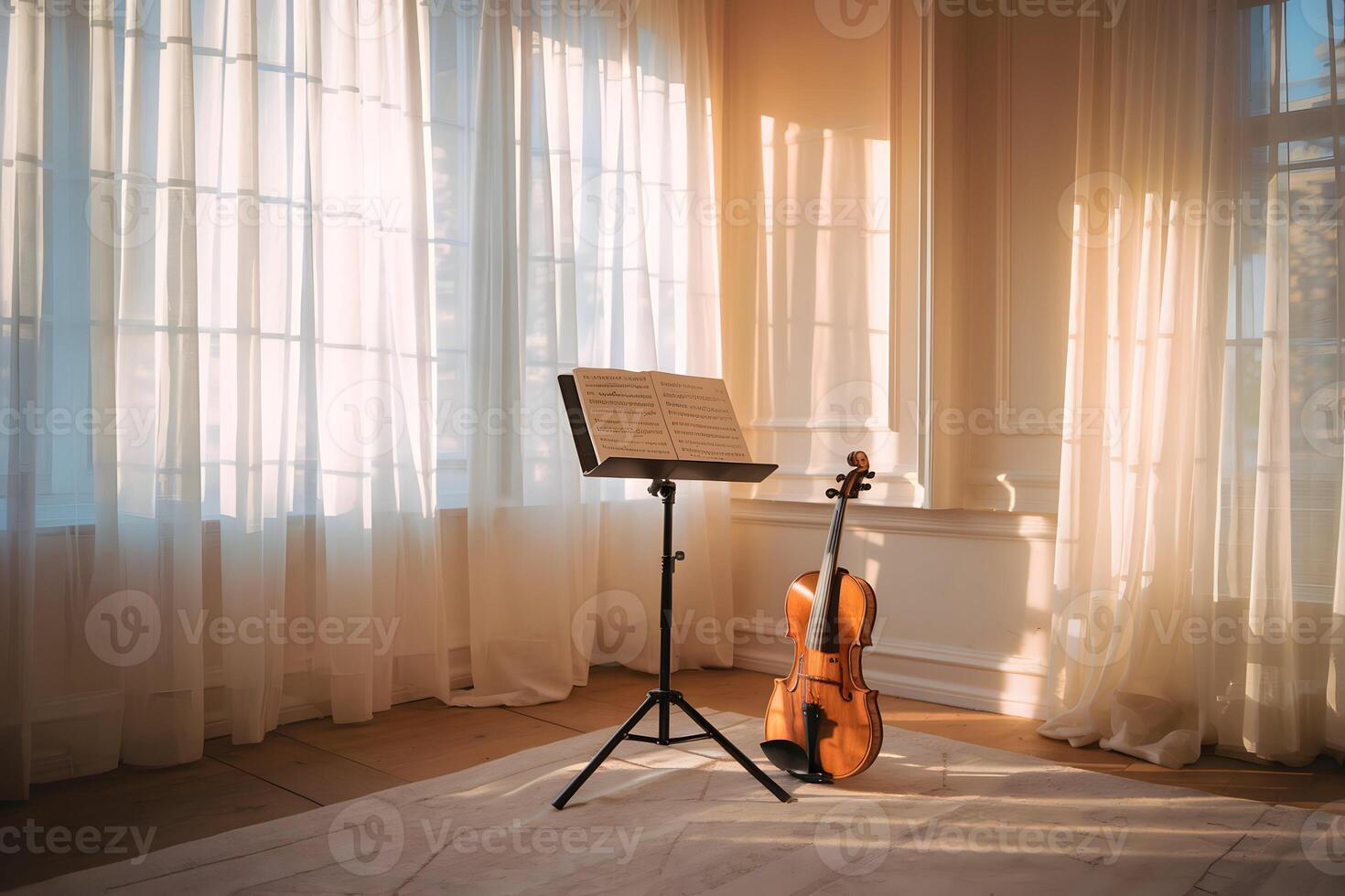 Violin beside music stand in sunlit room, white walls, wooden floor photo