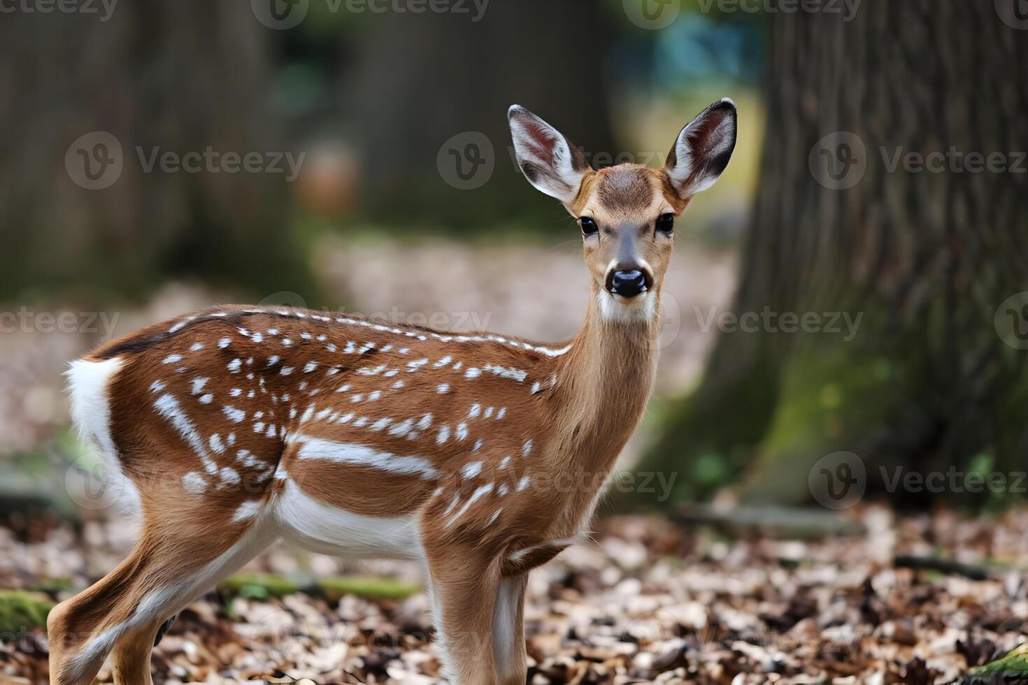 A fawn stands in a forest, blending into its peaceful natural setting photo