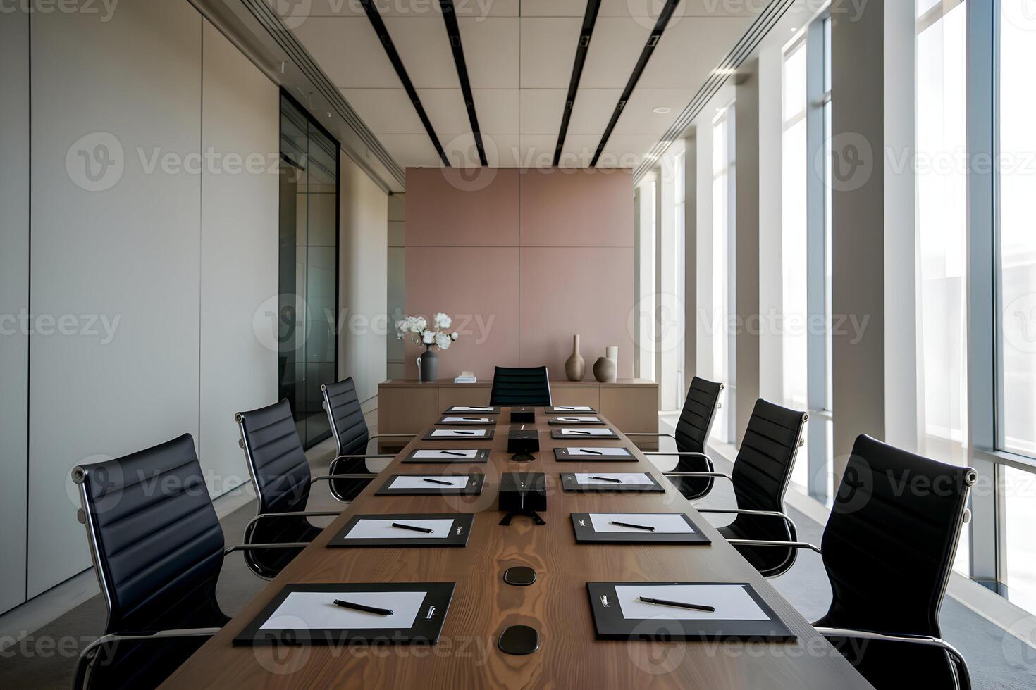 Conference room with wooden table, paper, and natural light exudes minimalist design photo