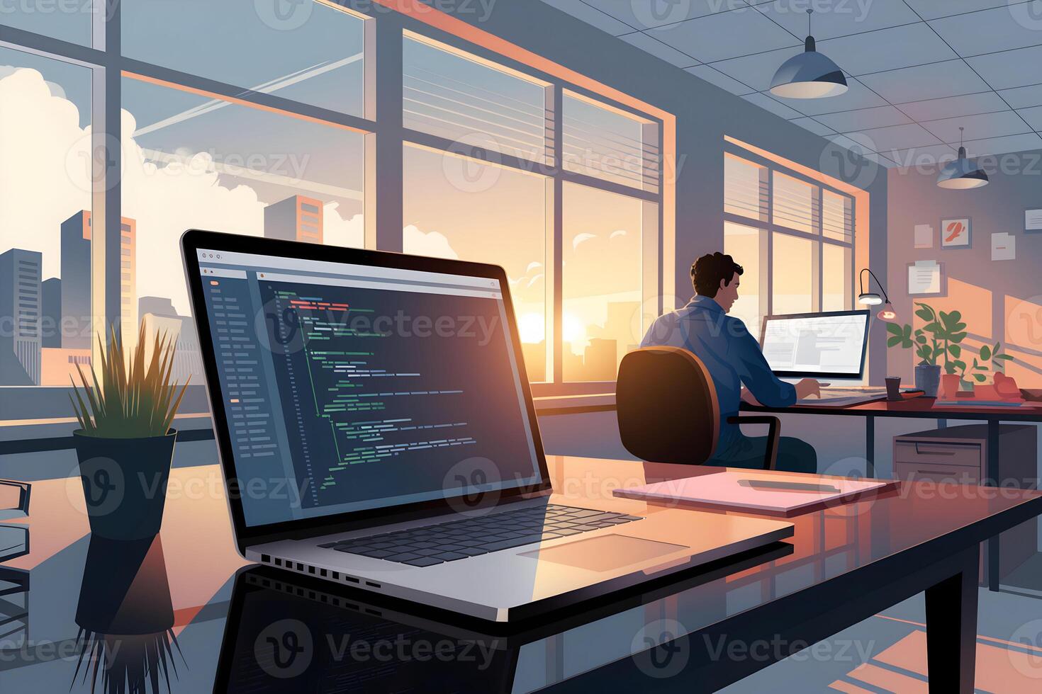 Modern office sunset, laptop coding reflects desk, serene worker scene photo