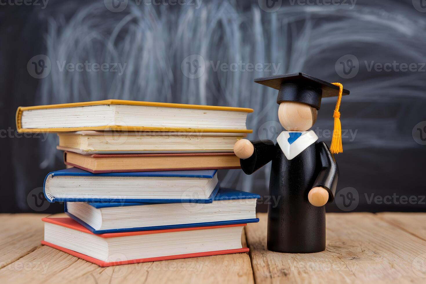 Graduate figurine stands beside books, symbolizing education and achievement photo