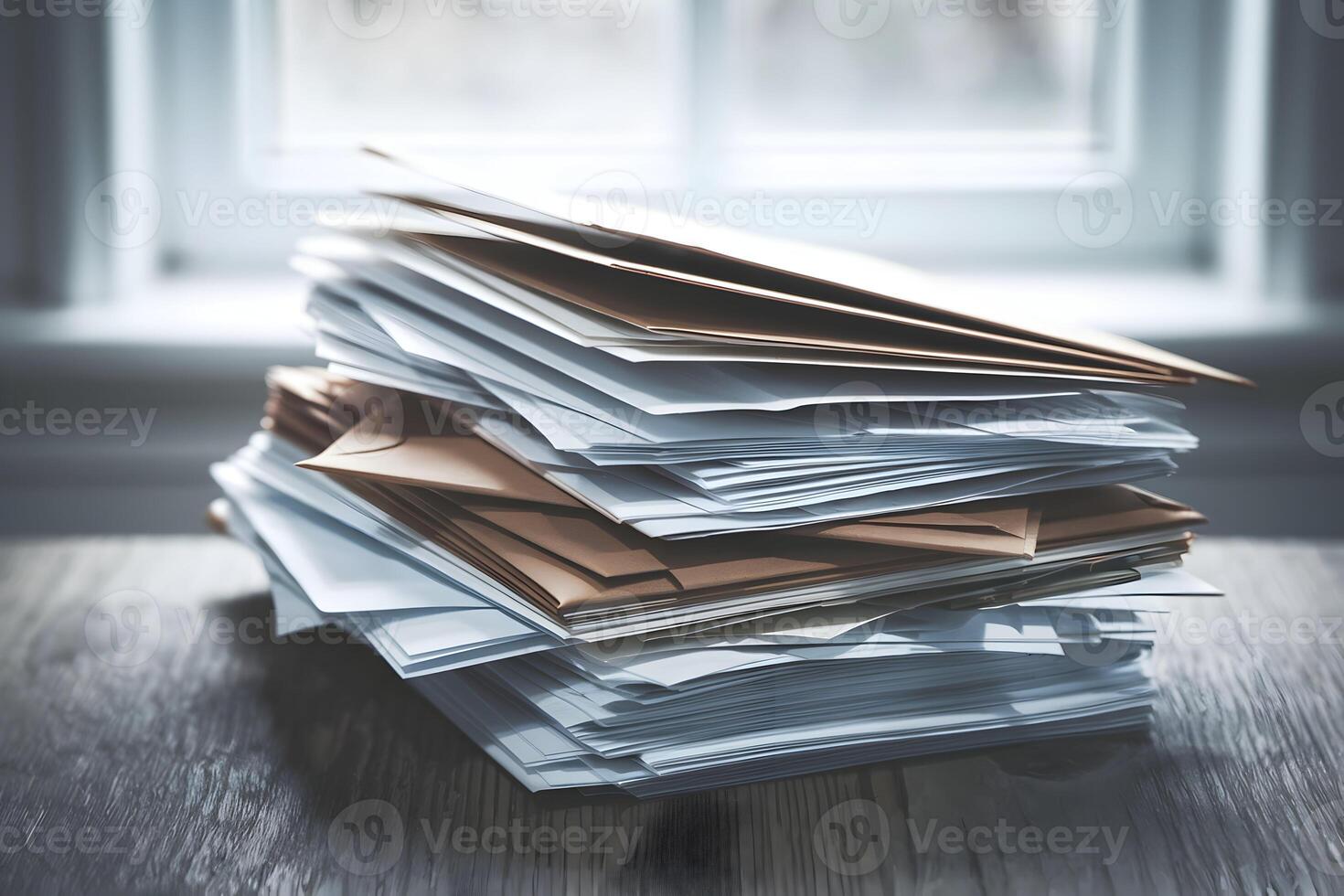 Papers and envelopes piled haphazardly on wooden surface, serene light glowing photo