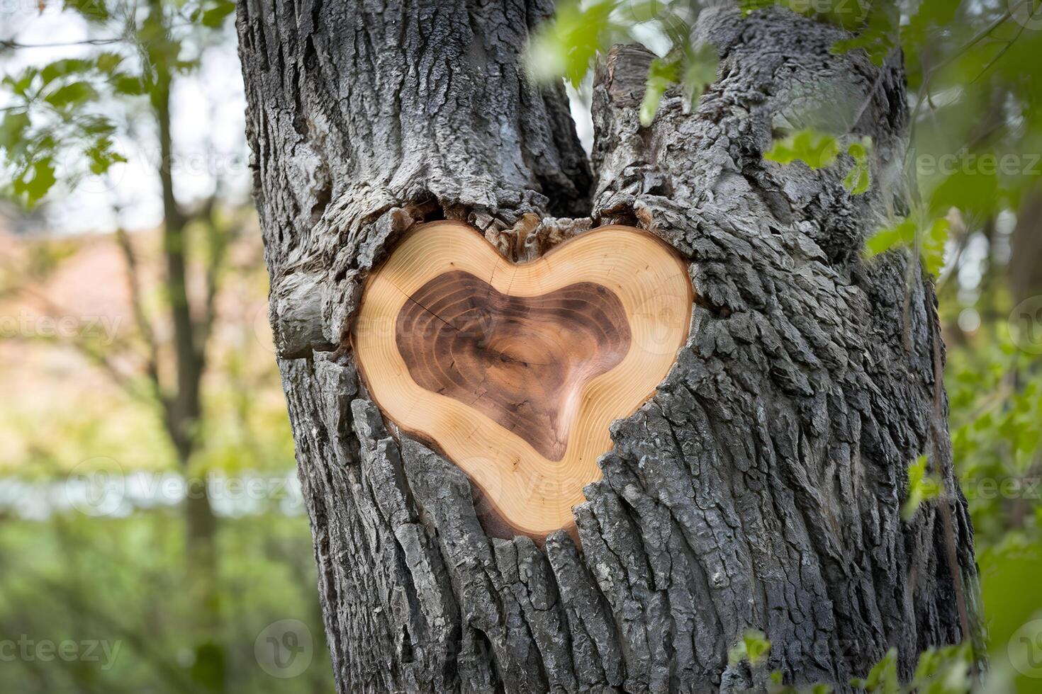 Tree trunks heart shaped carving contrasts with dark bark, softly lit photo