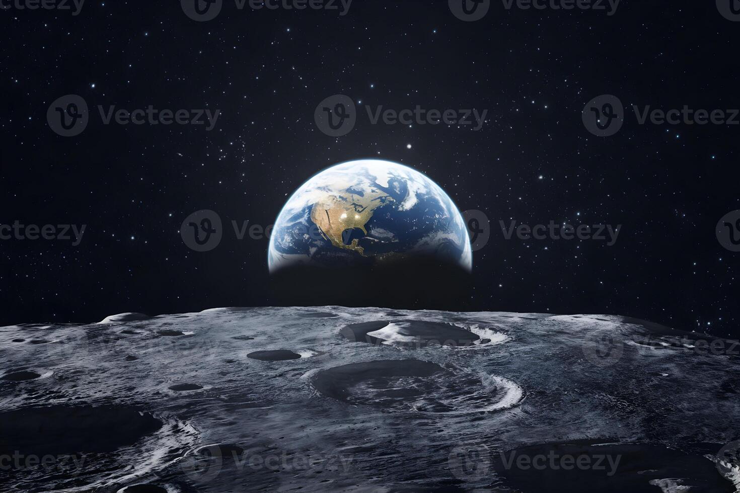 Earth rises from moons surface, glowing orb contrasts spaces stark black emptiness photo