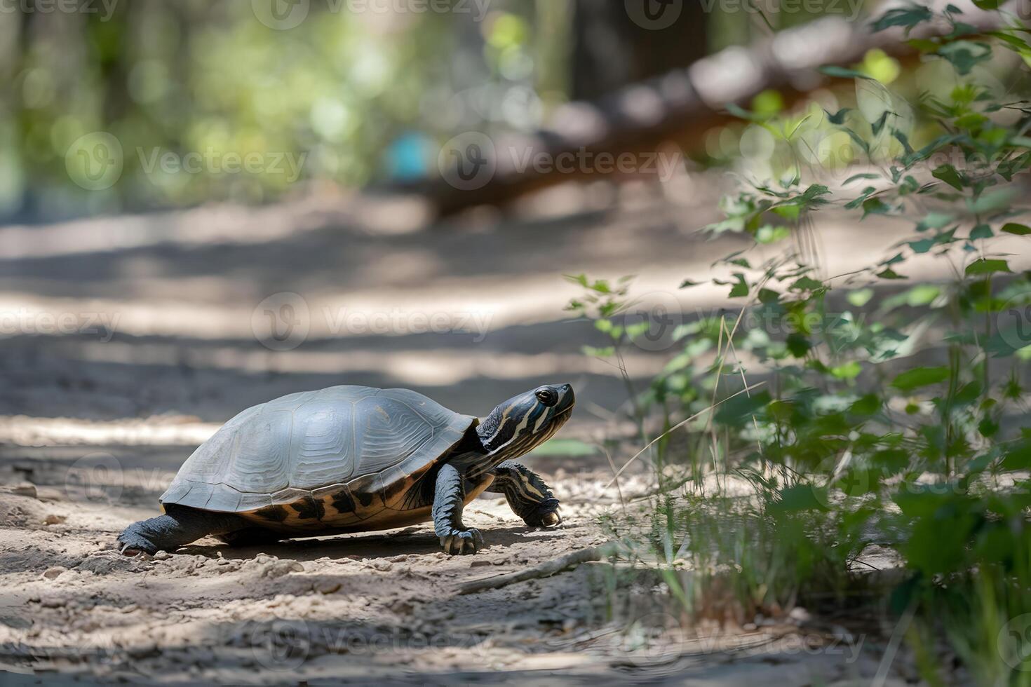 Box turtle crossing dirt path, intricate shell patterns framed by sunny greenery photo