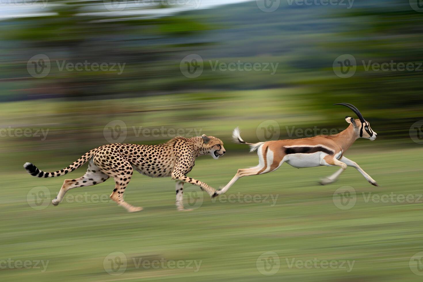 Cheetah chasing gazelle, blurred green field emphasizes speed and wild intensity photo